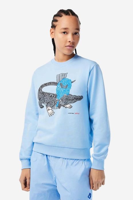 Бавовняна кофта Lacoste x Netflix жіноча  з принтом колір блакитний