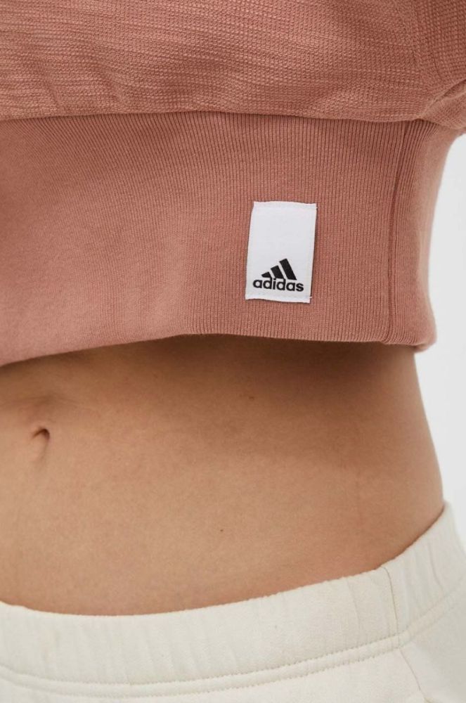 Бавовняна кофта adidas жіноча колір коричневий з капюшоном однотонна фото 5