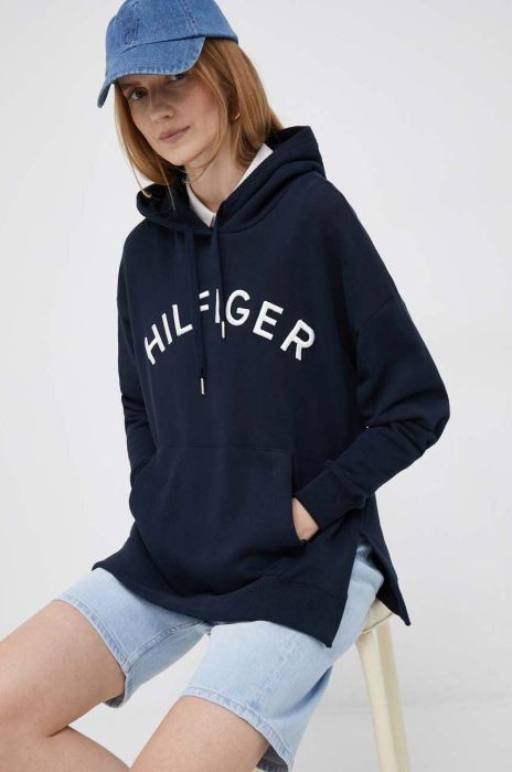 Бавовняна кофта Tommy Hilfiger жіноча колір синій з капюшоном з аплікацією (3090212)