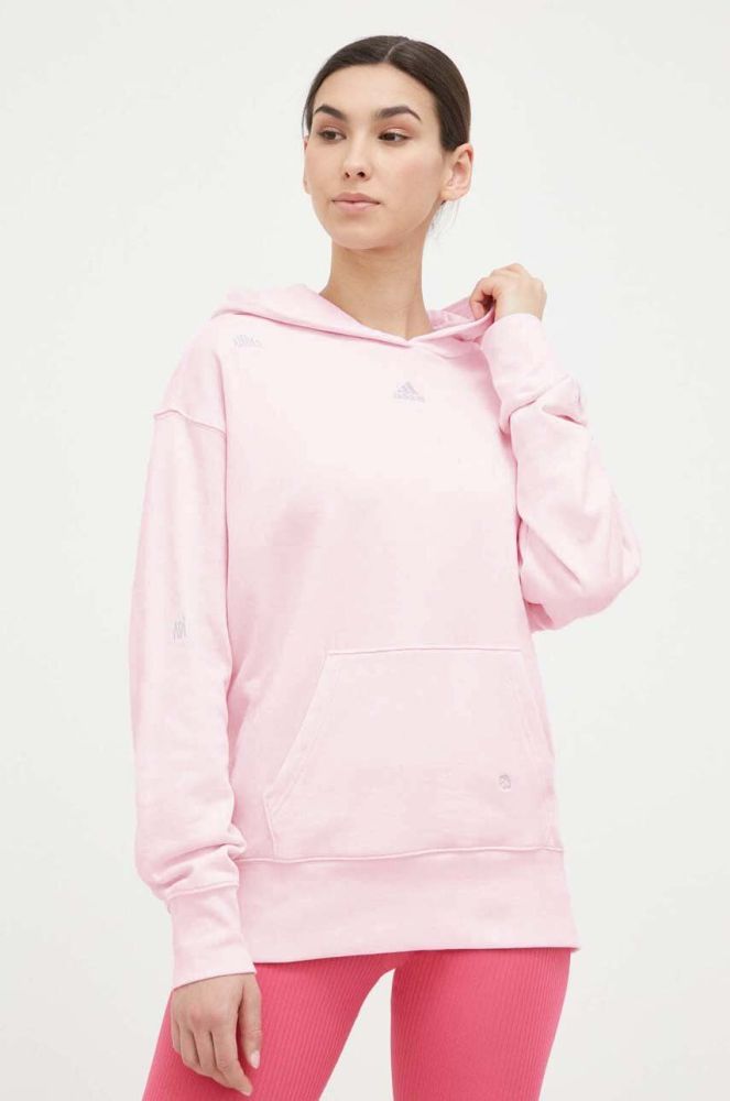 Бавовняна кофта adidas жіноча колір рожевий з капюшоном з аплікацією (3147195)