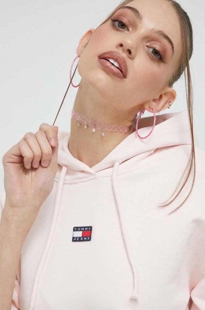 Бавовняна кофта Tommy Jeans жіноча колір рожевий з капюшоном з аплікацією (2983431) фото 5