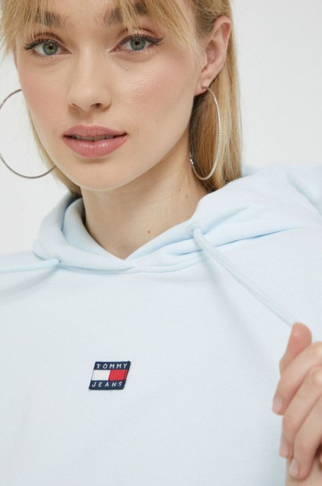 Бавовняна кофта Tommy Jeans жіноча з капюшоном з аплікацією колір блакитний фото 4