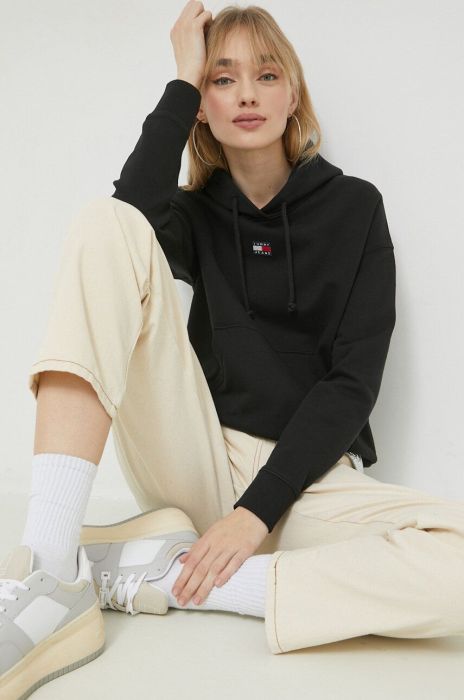 Бавовняна кофта Tommy Jeans жіноча колір чорний з капюшоном з аплікацією (2983401)