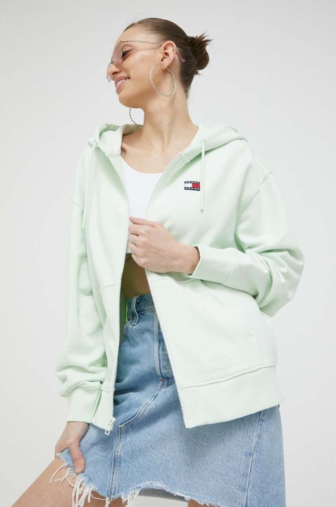 Бавовняна кофта Tommy Jeans жіноча колір зелений з капюшоном однотонна (3073317)