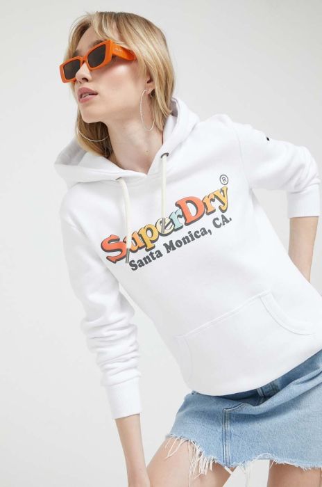 Кофта Superdry жіноча колір білий з капюшоном з принтом
