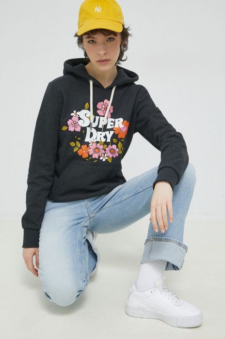 Кофта Superdry жіноча колір сірий з капюшоном з принтом (2990134)