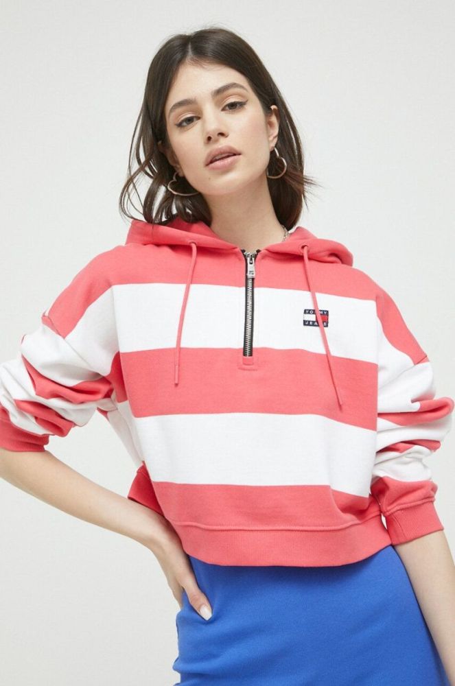 Бавовняна кофта Tommy Jeans жіноча колір рожевий з капюшоном візерунок фото 4