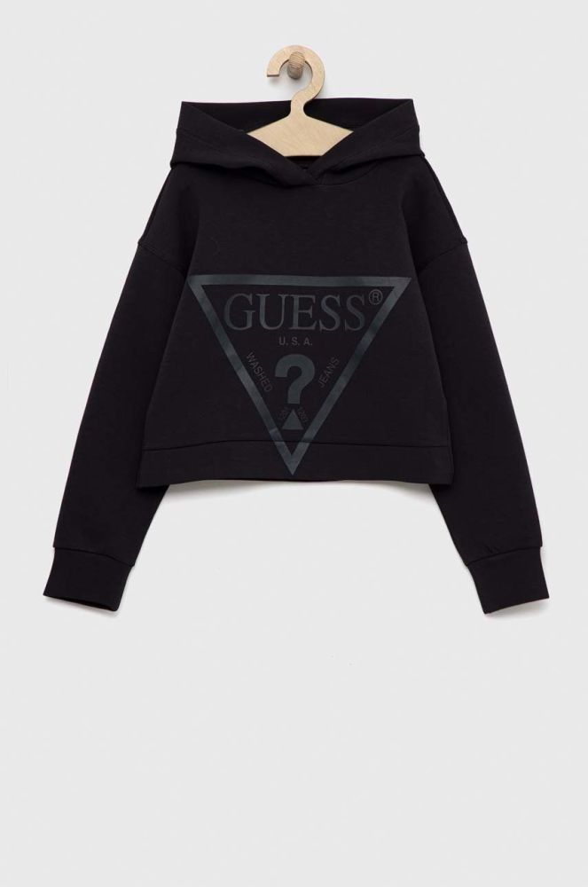 Дитяча кофта Guess колір сірий з капюшоном з принтом