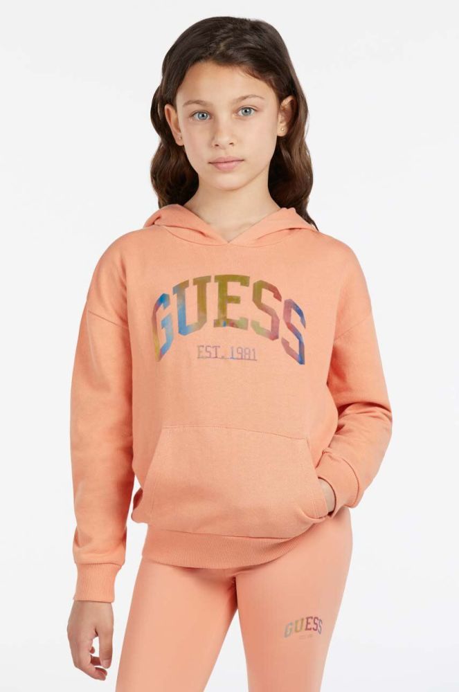 Дитяча бавовняна кофта Guess колір помаранчевий з капюшоном з аплікацією