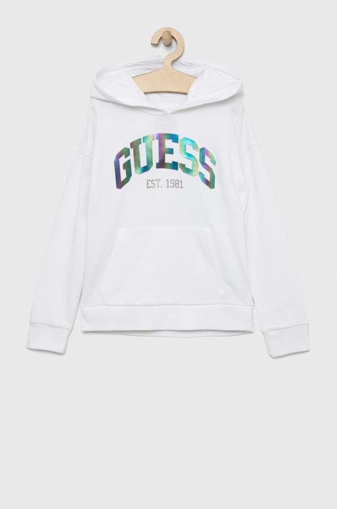 Дитяча бавовняна кофта Guess колір білий з капюшоном з аплікацією (2885066)