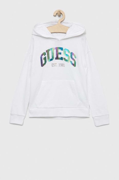 Дитяча бавовняна кофта Guess колір білий з капюшоном з аплікацією (2885066)