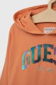 Дитяча бавовняна кофта Guess колір помаранчевий з капюшоном з аплікацією