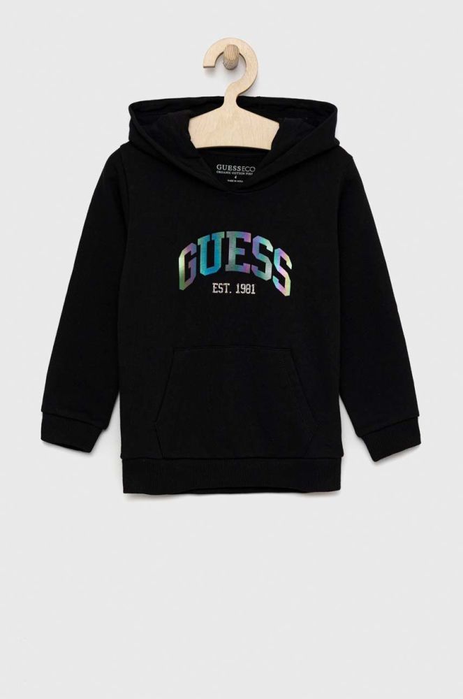 Дитяча бавовняна кофта Guess колір чорний з капюшоном з принтом (2887127)