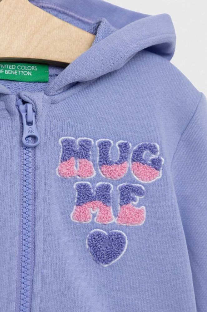 Дитяча бавовняна кофта United Colors of Benetton колір фіолетовий з капюшоном з аплікацією фото 3