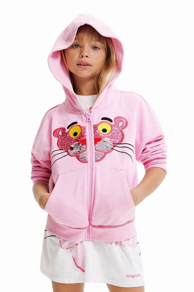 Дитяча бавовняна кофта Desigual Pink Panther колір рожевий з капюшоном з аплікацією