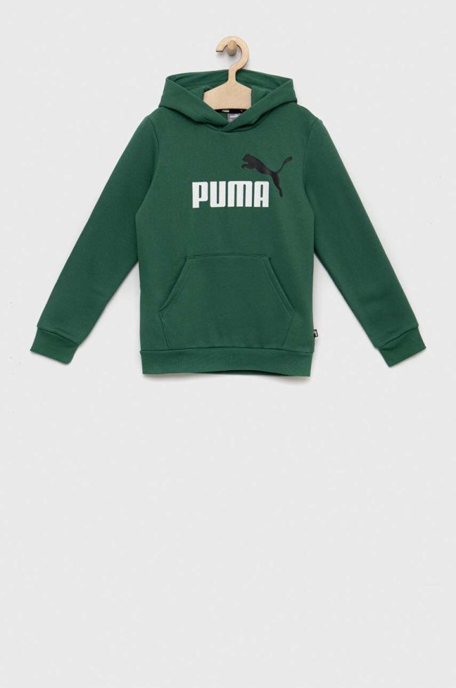 Дитяча кофта Puma ESS+ 2 Col Big Logo Hoodie FL B колір зелений з капюшоном візерунок