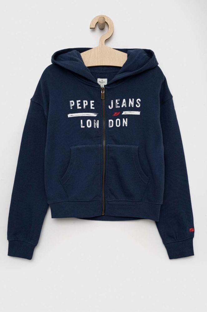 Дитяча бавовняна кофта Pepe Jeans колір синій з капюшоном з принтом (3077099)
