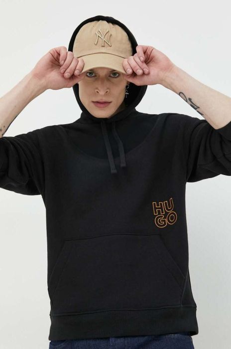Бавовняна кофта HUGO чоловіча колір чорний з капюшоном однотонна (2957280)