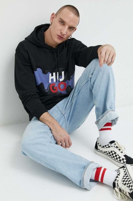 Бавовняна кофта HUGO чоловіча колір чорний з капюшоном з принтом (2973775)