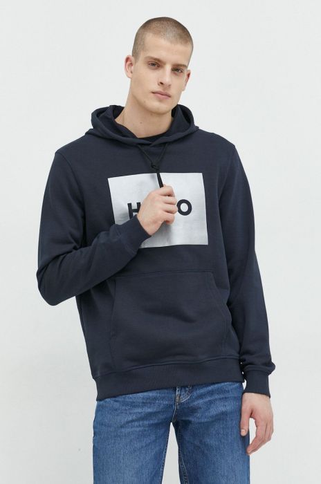 Бавовняна кофта HUGO чоловіча колір синій з капюшоном з принтом (2882550)