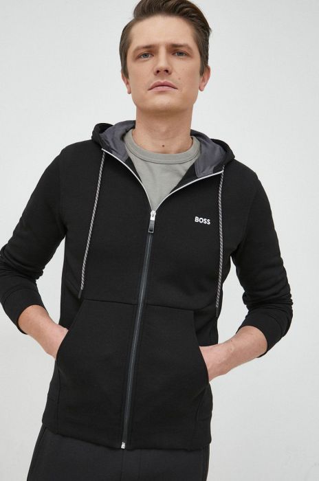 Бавовняна кофта BOSS BOSS GREEN чоловіча колір чорний з капюшоном однотонна