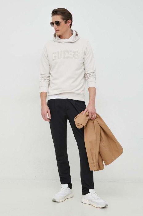 Кофта Guess чоловіча колір бежевий з капюшоном з принтом (2893589)