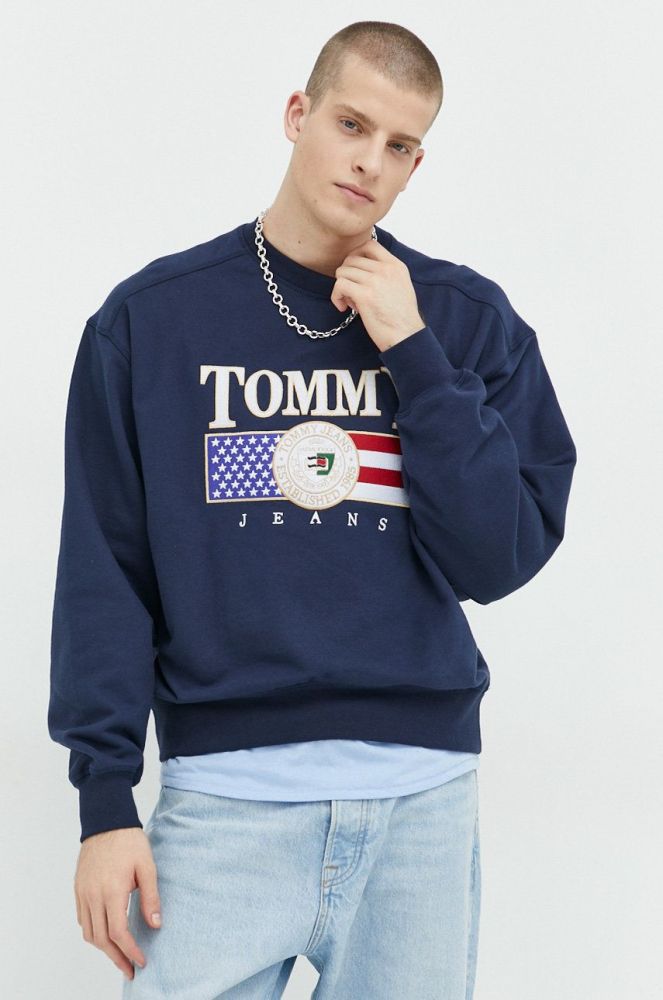 Бавовняна кофта Tommy Jeans чоловіча колір синій з аплікацією (2890337)