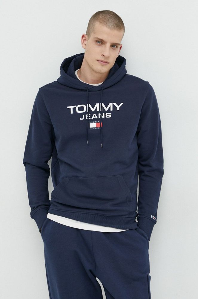 Бавовняна кофта Tommy Jeans чоловіча колір синій з капюшоном з аплікацією (2827005)