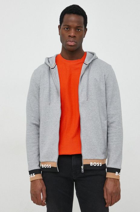 Кофта BOSS чоловіча колір сірий з капюшоном з принтом