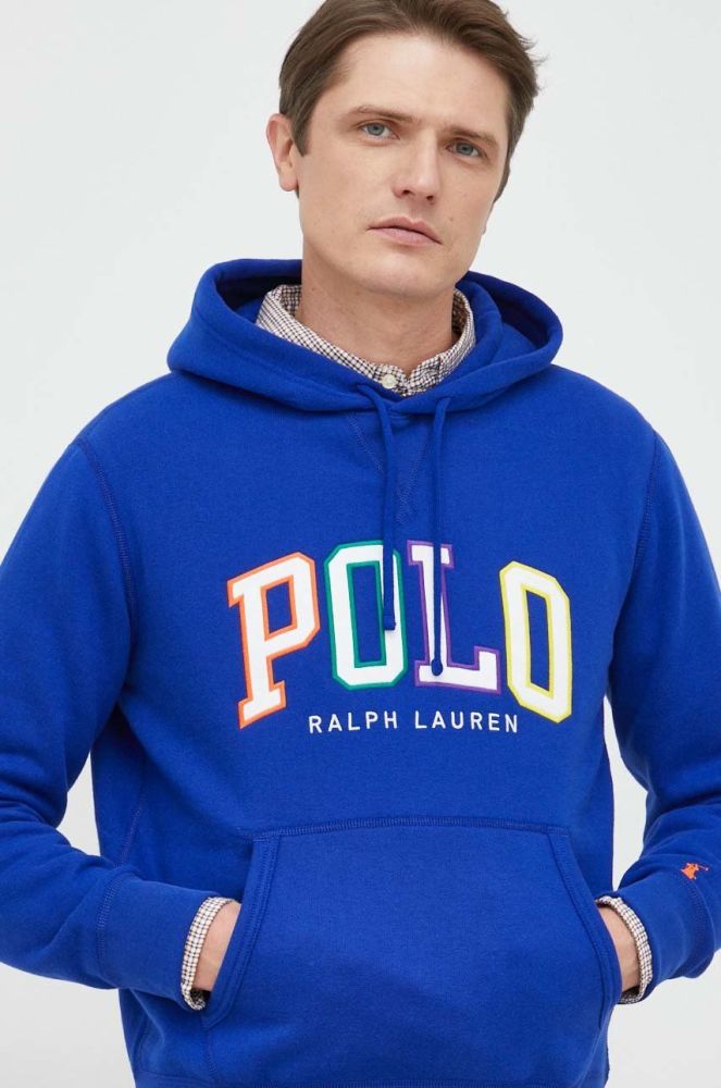 Кофта Polo Ralph Lauren чоловіча з капюшоном з аплікацією колір блакитний