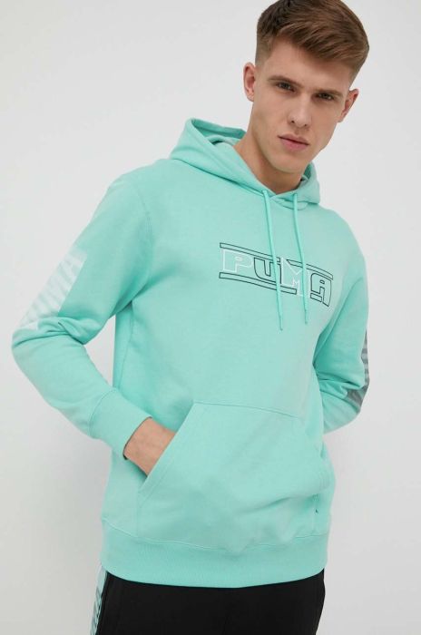 Бавовняна кофта Puma чоловіча колір бірюзовий з капюшоном з принтом