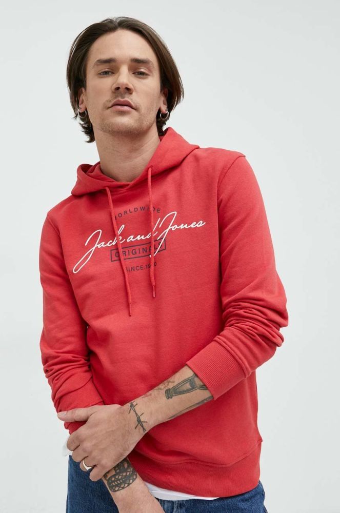 Кофта Jack & Jones чоловіча колір червоний з капюшоном з принтом