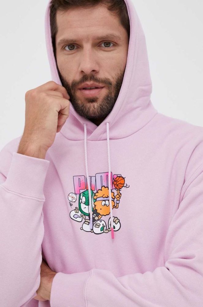 Бавовняна кофта Puma X 8ENJAMIN чоловіча колір рожевий з капюшоном з принтом фото 4