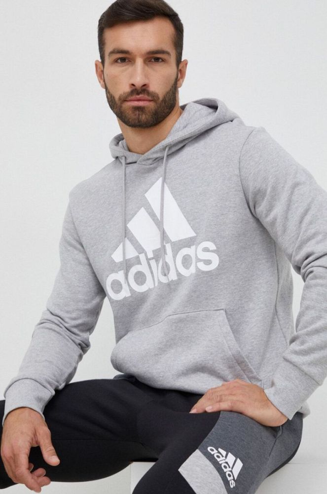 Бавовняна кофта adidas чоловіча колір сірий з капюшоном з принтом (3038959) фото 5