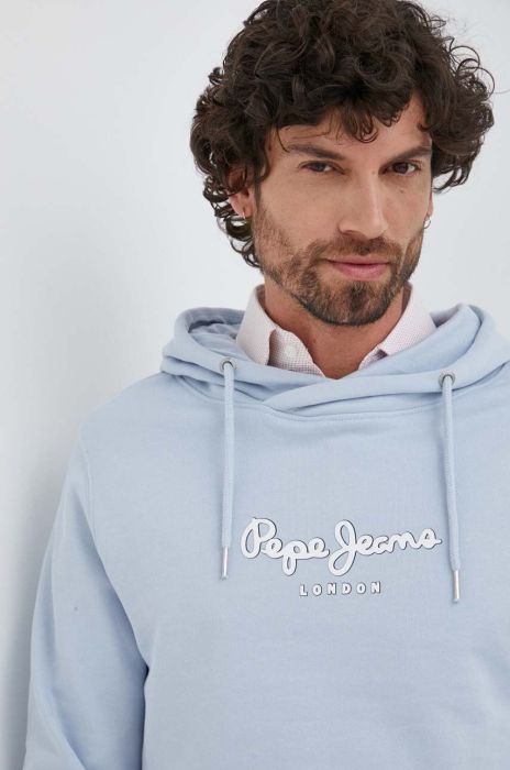 Бавовняна кофта Pepe Jeans Edward Hoodie чоловіча з капюшоном з принтом колір блакитний