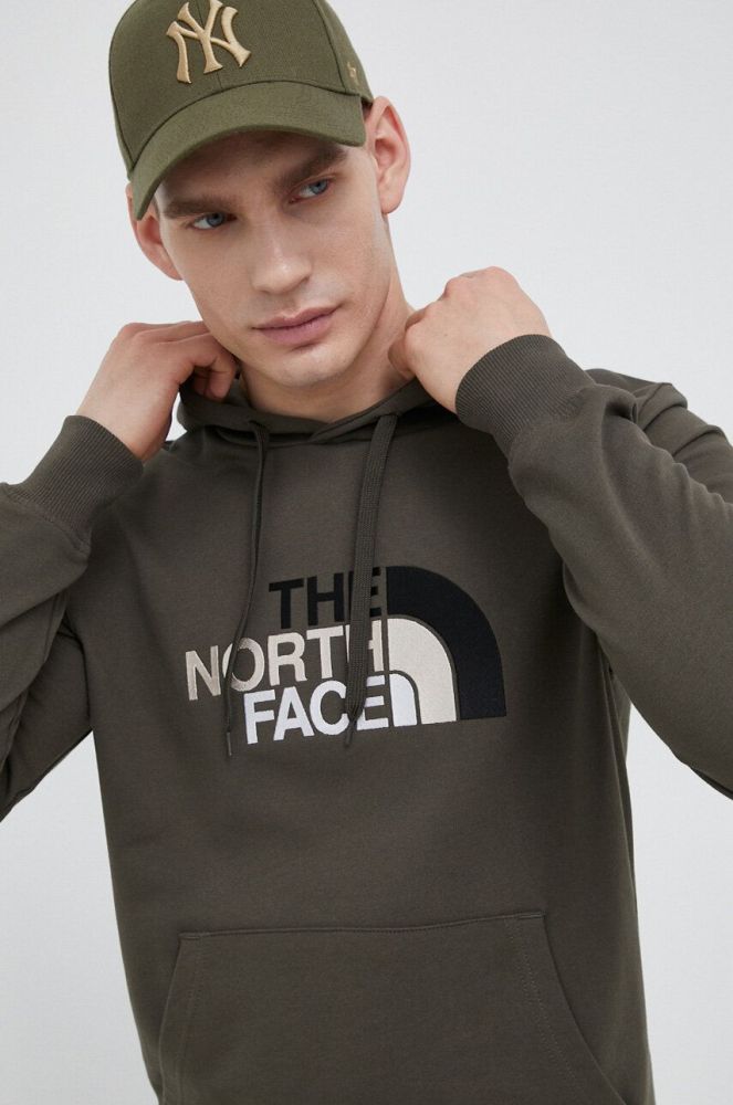 Бавовняна кофта The North Face чоловіча колір зелений з капюшоном з аплікацією