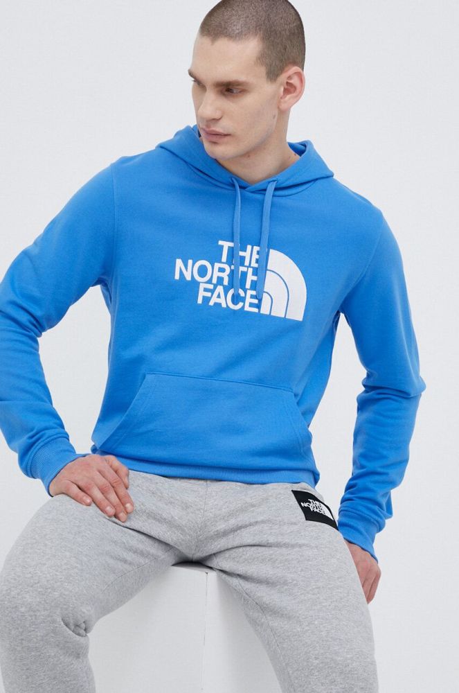 Бавовняна кофта The North Face чоловіча з капюшоном з аплікацією колір блакитний