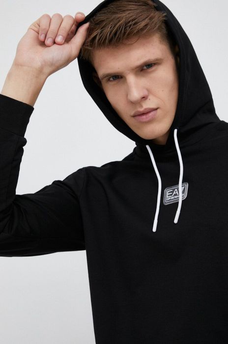 Бавовняна кофта EA7 Emporio Armani чоловіча колір чорний з капюшоном з аплікацією