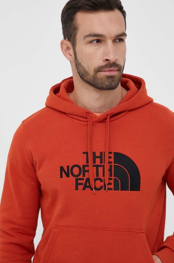 Бавовняна кофта The North Face чоловіча колір помаранчевий з капюшоном з аплікацією