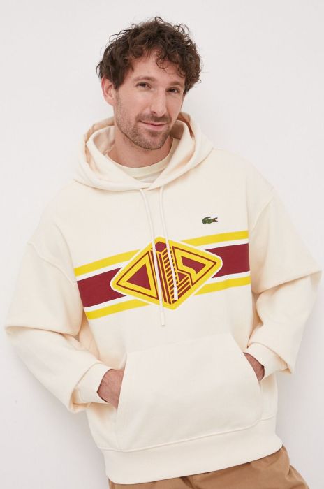 Бавовняна кофта Lacoste чоловіча колір бежевий з капюшоном з принтом (3162717)