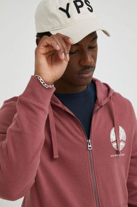 Бавовняна кофта Mustang чоловіча колір рожевий з капюшоном з принтом