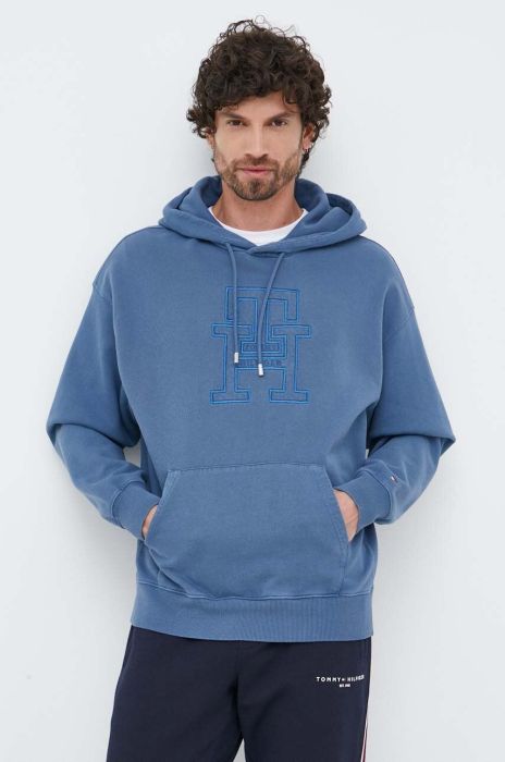 Бавовняна кофта Tommy Hilfiger чоловіча з капюшоном з аплікацією колір блакитний