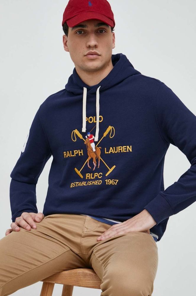 Кофта Polo Ralph Lauren чоловіча колір синій з капюшоном з аплікацією (2957326)