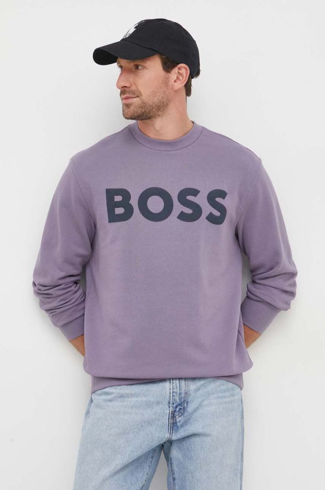 Бавовняна кофта BOSS BOSS ORANGE чоловіча колір фіолетовий з принтом
