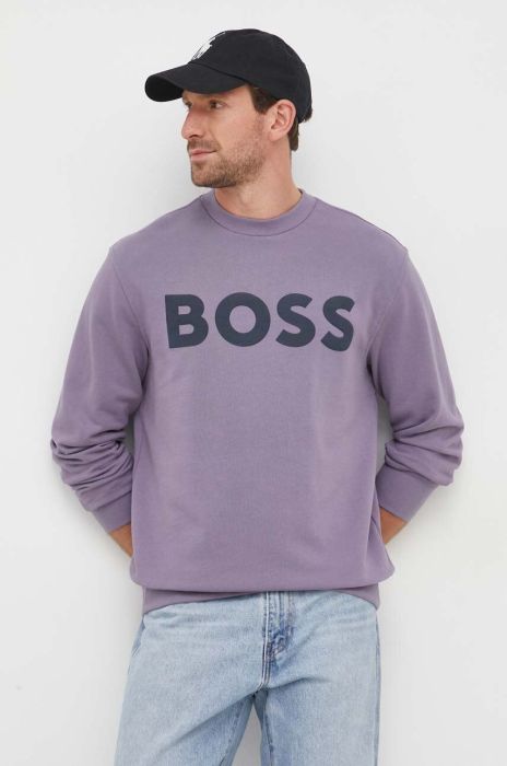 Бавовняна кофта BOSS BOSS ORANGE чоловіча колір фіолетовий з принтом