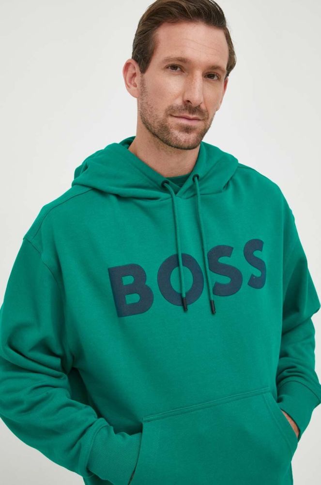 Бавовняна кофта BOSS BOSS ORANGE чоловіча колір зелений з капюшоном з принтом