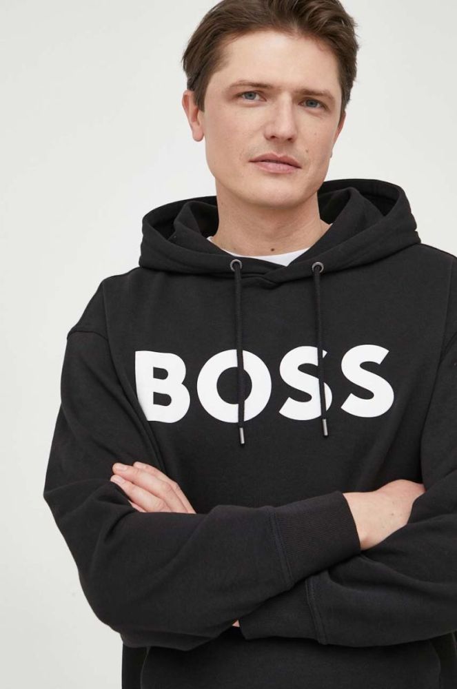 Бавовняна кофта BOSS BOSS ORANGE чоловіча колір чорний з капюшоном з принтом фото 4