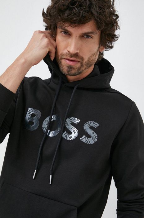 Кофта BOSS BOSS GREEN чоловіча колір чорний з капюшоном з принтом (3130360)