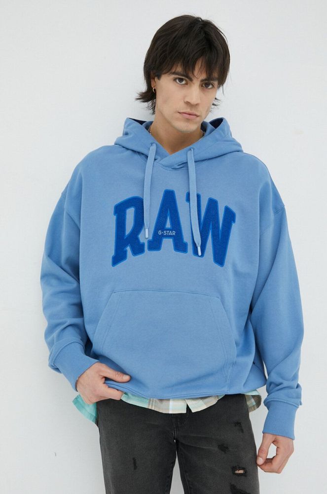 Бавовняна кофта G-Star Raw чоловіча з капюшоном з аплікацією колір блакитний