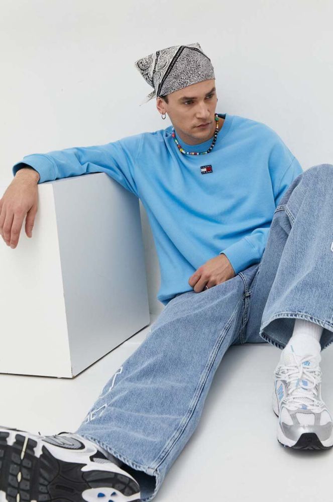 Бавовняна кофта Tommy Jeans чоловіча  з аплікацією колір блакитний (2995679)